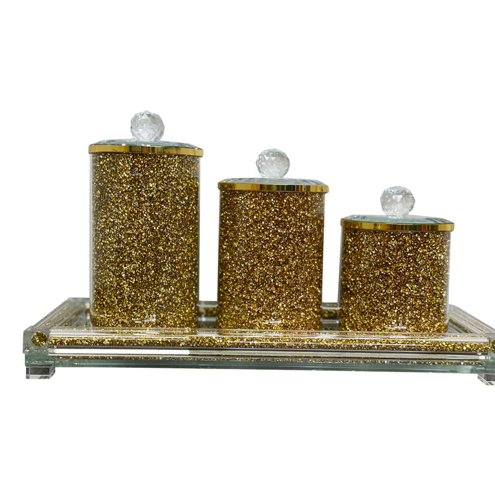 Gold Crushed Diamond Glass Three Canisters and Tray Gift Set