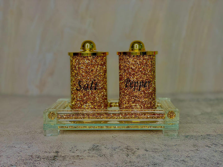 Gold Crushed Diamond Glass Salt & Pepper Tray